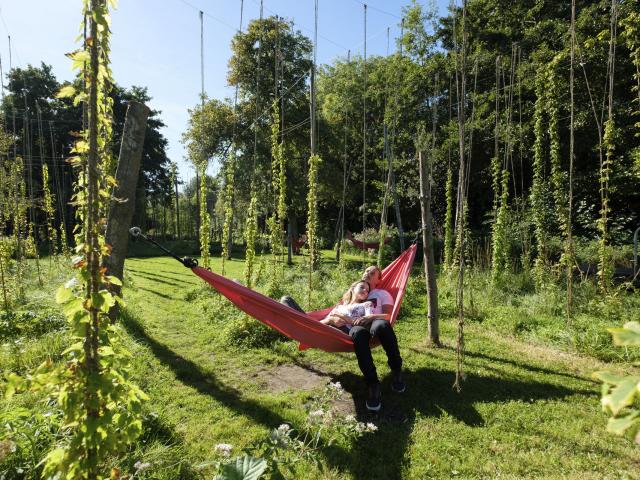 Paar in Hängematte während des Kunstfestivals Villes et Paysage in Amiens, Nordfrankreich. Copyright: CRTC Hauts-de-France - Teddy Henin