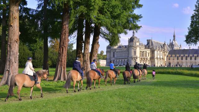 Gruppe beim Ausritt mit Henson-Pferden vor der Schlosskulisse von Chantilly, Nordfrankreich. Copyright: CRTC Hauts-de-France - Nicolas Bryant